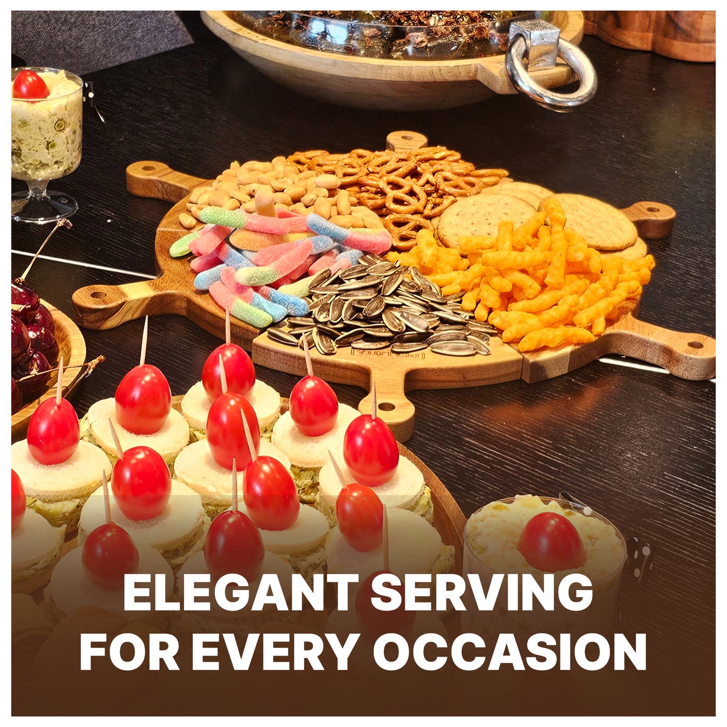 Premium Wooden Pizza Serving Board Set – 6 Slice Detachable Pizza Tray with Stainless Steel Rocker Knife, Pizza Slicer, Pizza Rocker for Parties & Gifts