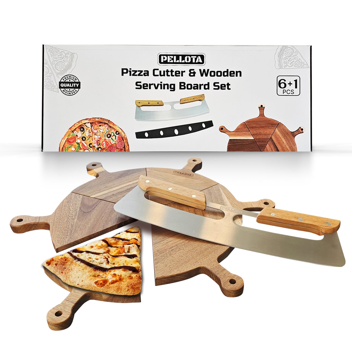 Premium Wooden Pizza Serving Board Set – 6 Slice Detachable Pizza Tray with Stainless Steel Rocker Knife, Pizza Slicer, Pizza Rocker for Parties & Gifts