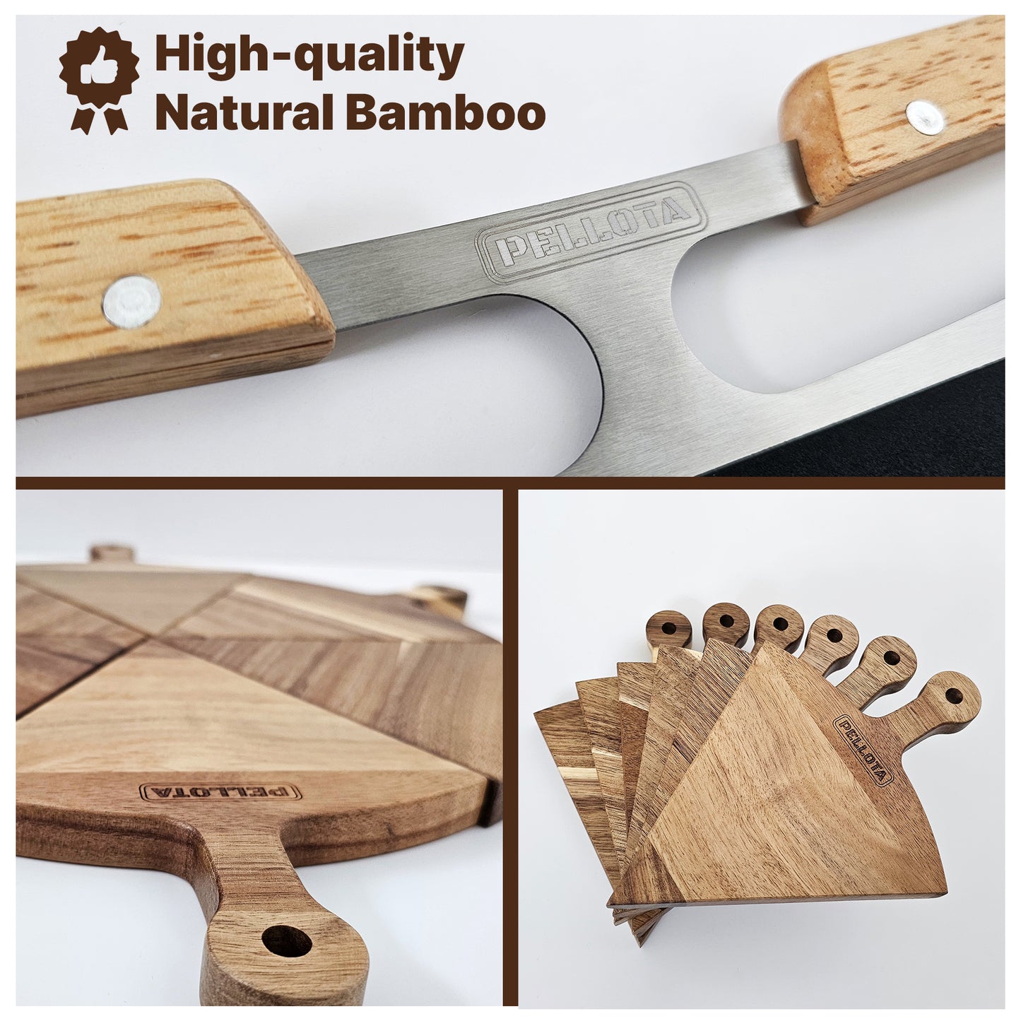 Premium Wooden Pizza Serving Board Set – 6 Slice Detachable Pizza Tray with Stainless Steel Rocker Knife, Pizza Slicer, Pizza Rocker for Parties & Gifts