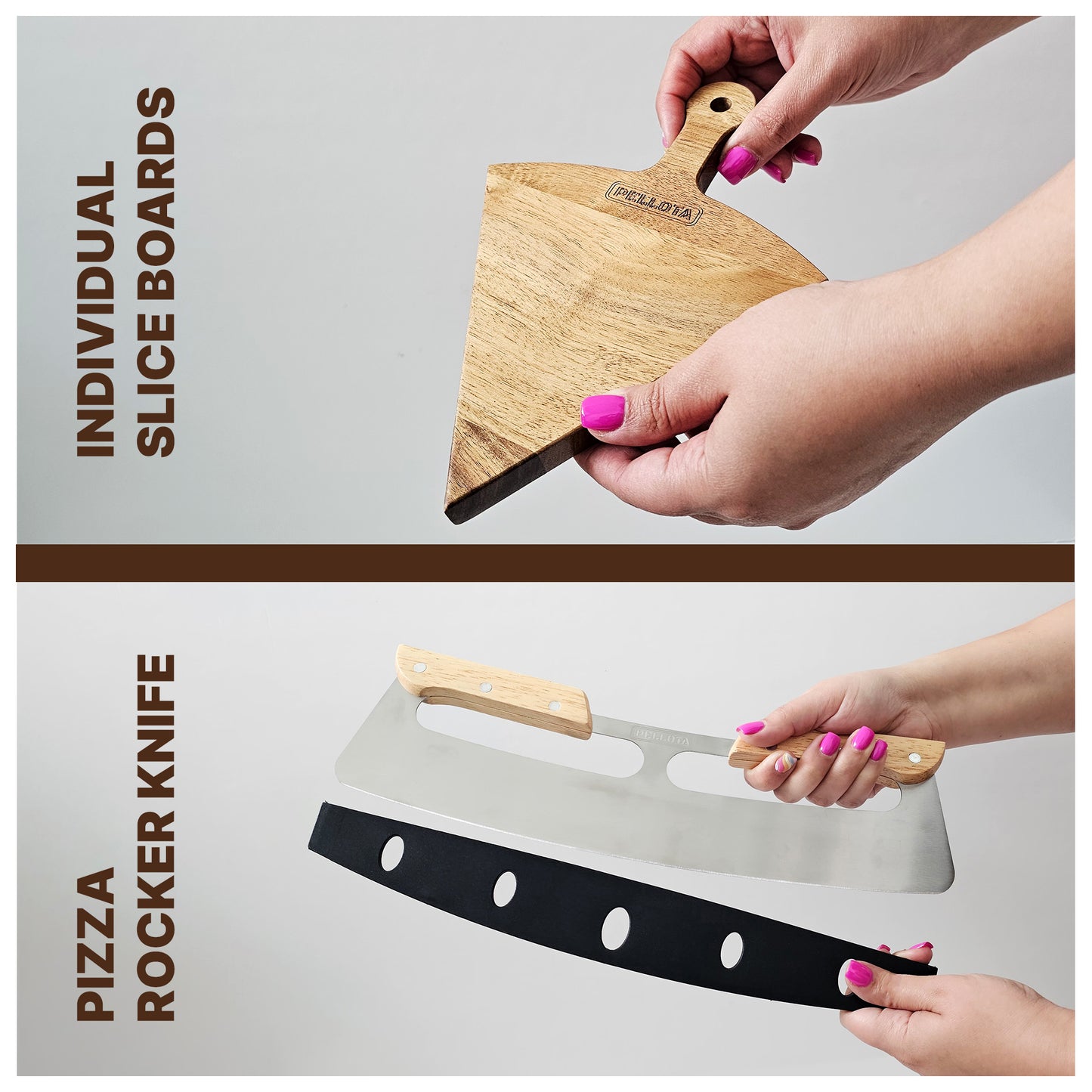 Premium Wooden Pizza Serving Board Set – 6 Slice Detachable Pizza Tray with Stainless Steel Rocker Knife, Pizza Slicer, Pizza Rocker for Parties & Gifts