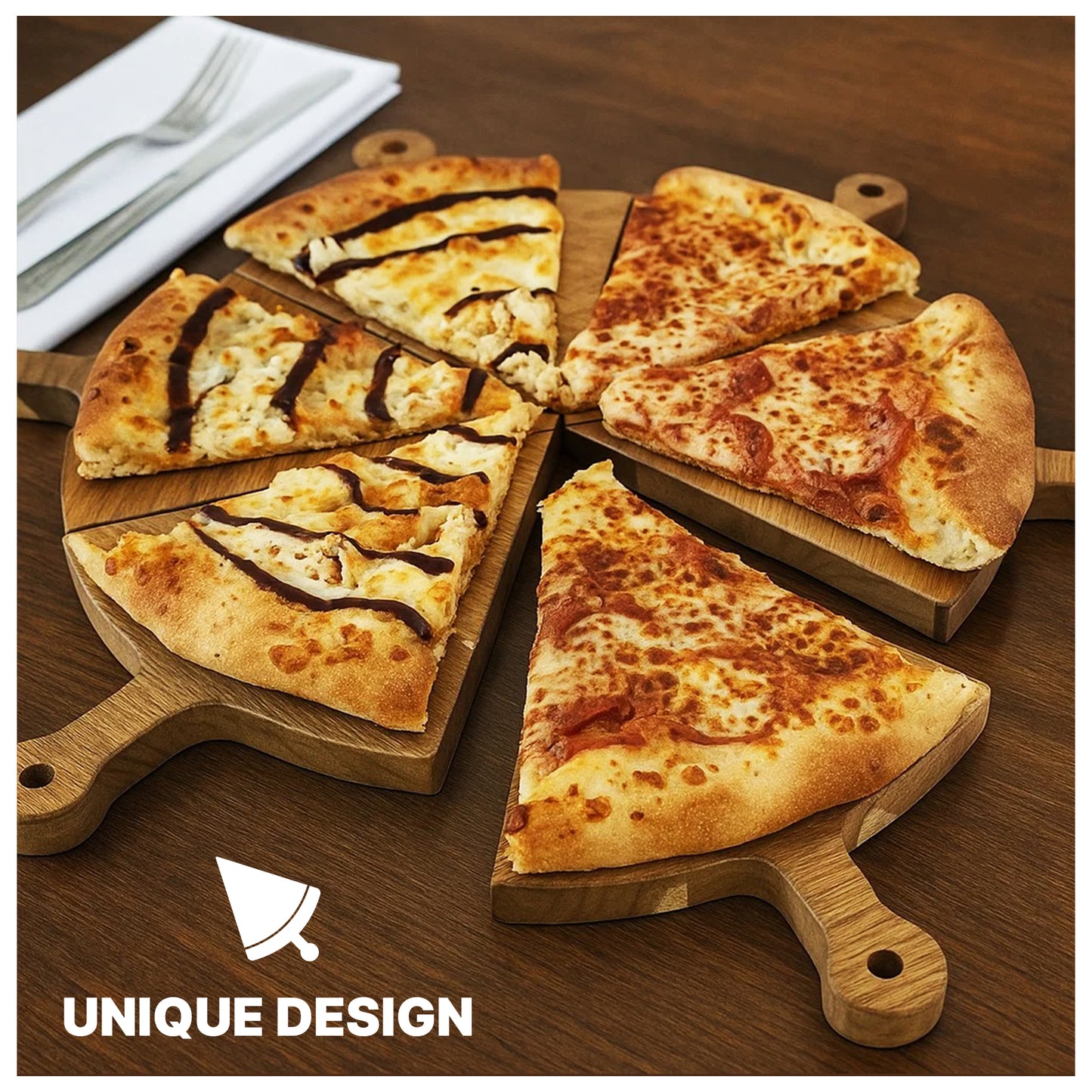 Premium Wooden Pizza Serving Board Set – 6 Slice Detachable Pizza Tray with Stainless Steel Rocker Knife, Pizza Slicer, Pizza Rocker for Parties & Gifts