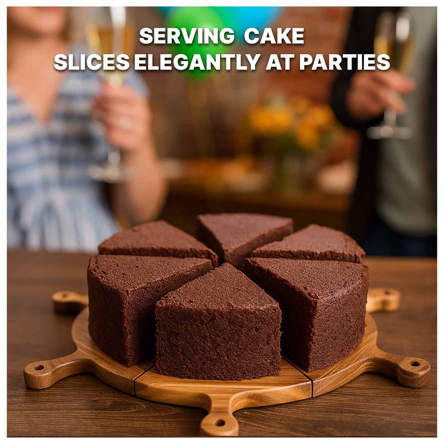 Premium Wooden Pizza Serving Board Set – 6 Slice Detachable Pizza Tray with Stainless Steel Rocker Knife, Pizza Slicer, Pizza Rocker for Parties & Gifts